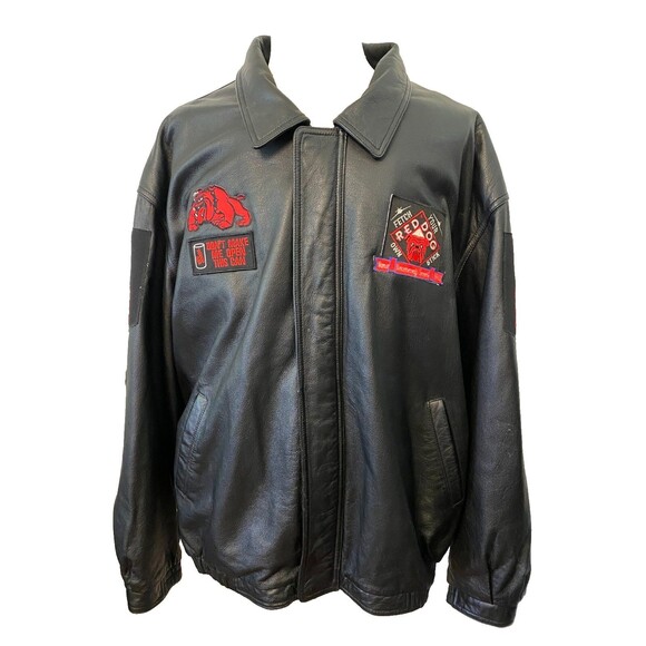 Vintage Red Dog Beer Black Leather Jacket Men's 4XL Port Authority Biker Bull